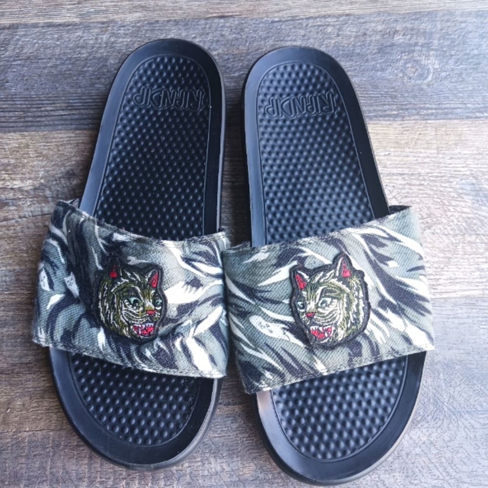 RIP N DIP Green  camo Nikola Slides  US Size 12 " Ripndip Screaming Cat Hm